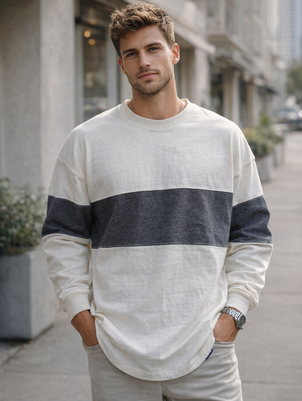 #1089 Spirit Jersey Men’s XS Color Block Long Sleeve Shirt Cream Gray Oversized